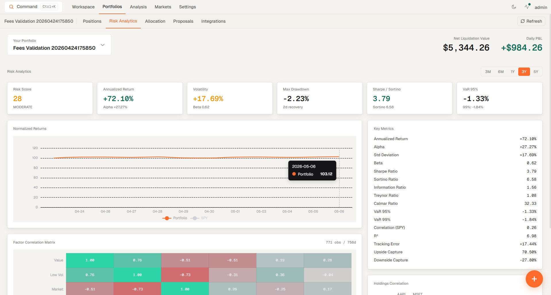 Risk analytics dashboard with holdings, factor attribution, and portfolio risk metrics