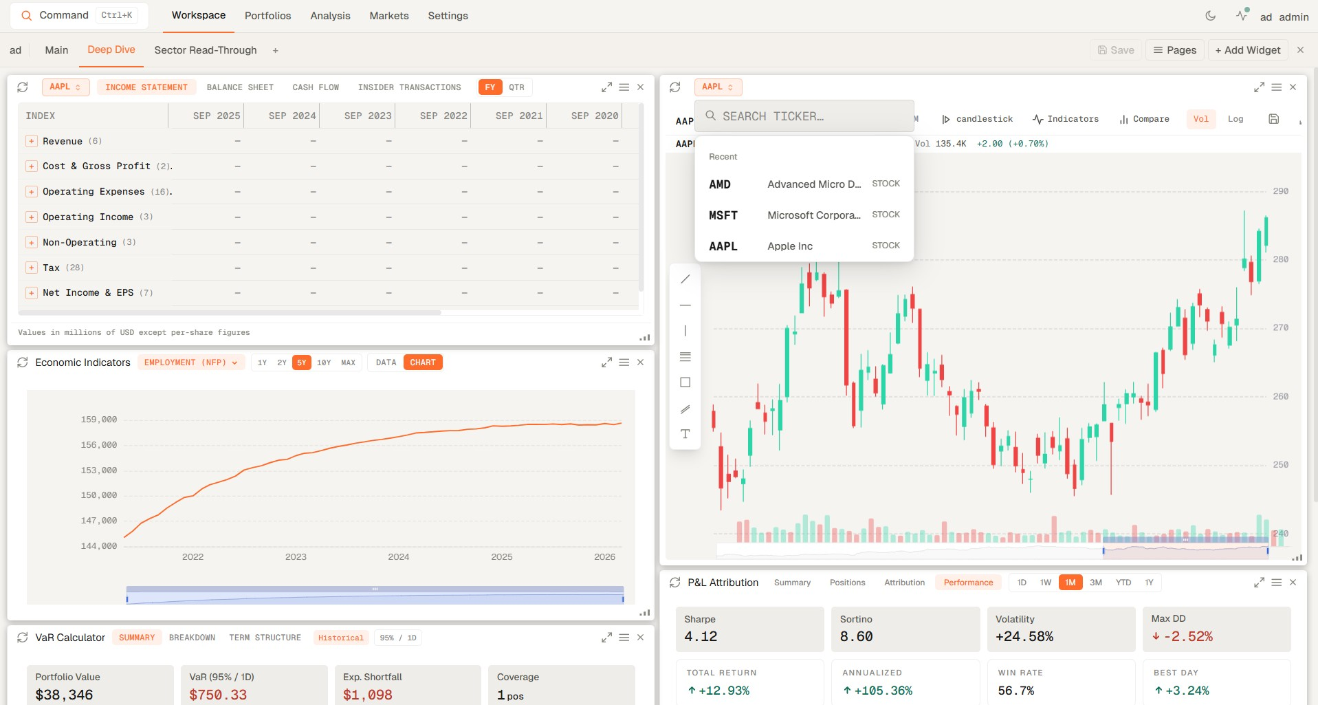 Shared investment team workspace with connected analytics